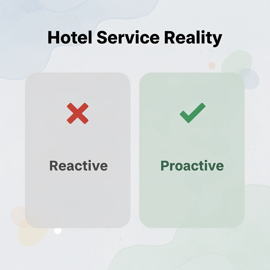 Before and after infographic contrasting reactive versus proactive hotel service models