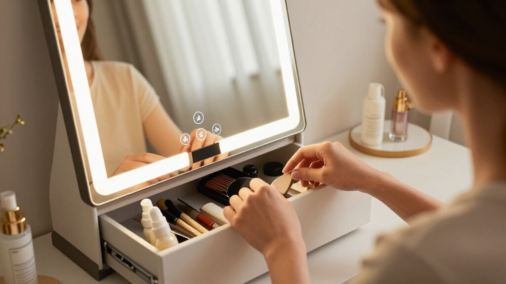 vanity mirror with touch controls and storage