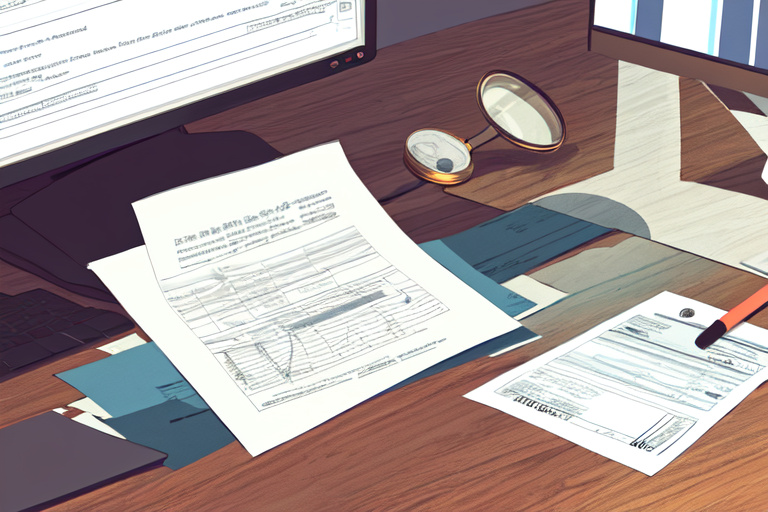 a bank statement document with a magnifying glass beside a screen