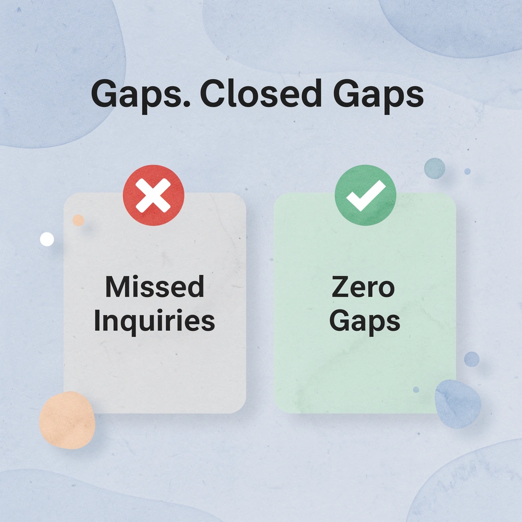 Before and after infographic showing missed inquiries versus zero gaps with AI