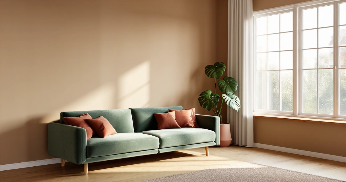Skandinaavinen olohuone, jossa lämmin beige seinäväri, vihreä sohva ja terrakottasävyiset tyynyt