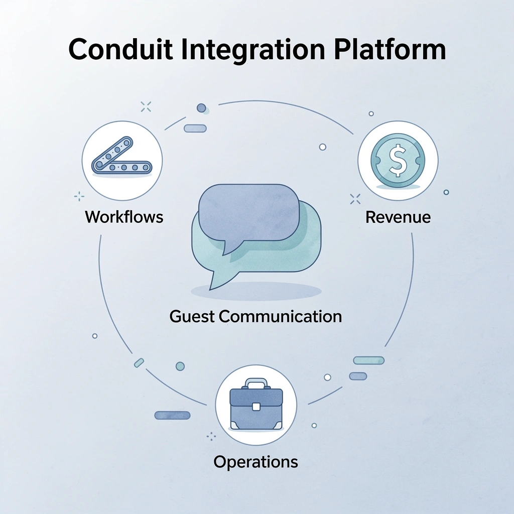 Hub and spoke diagram showing Conduit at center connected to guest communication, workflows, revenue, and operations