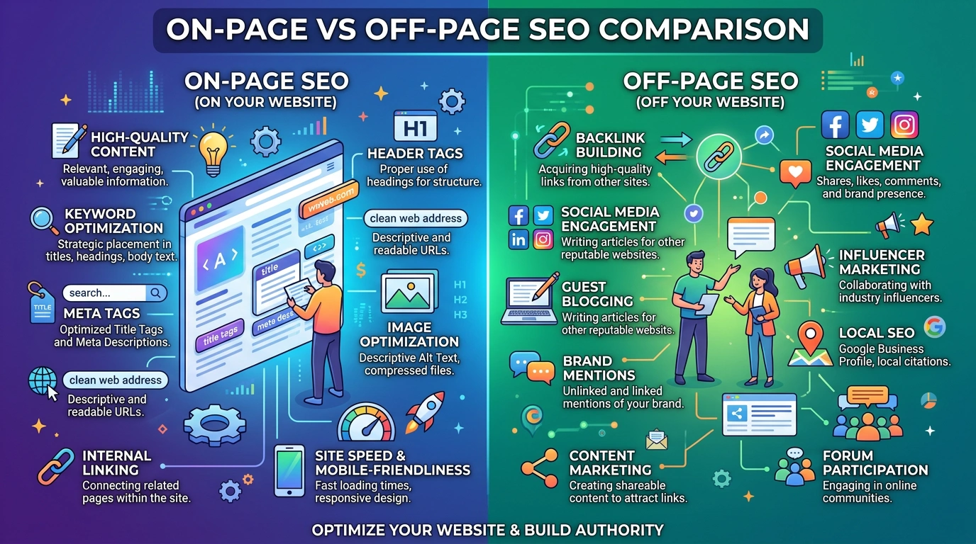 On-page vs off-page SEO comparison visualization