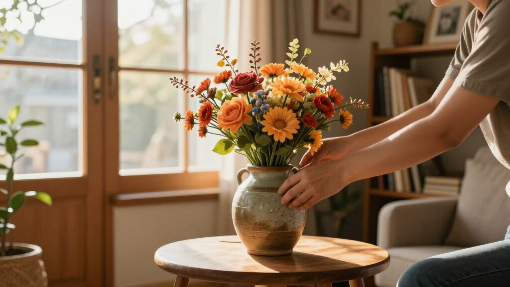 Vasen, Bilderrahmen und Kunstblumen