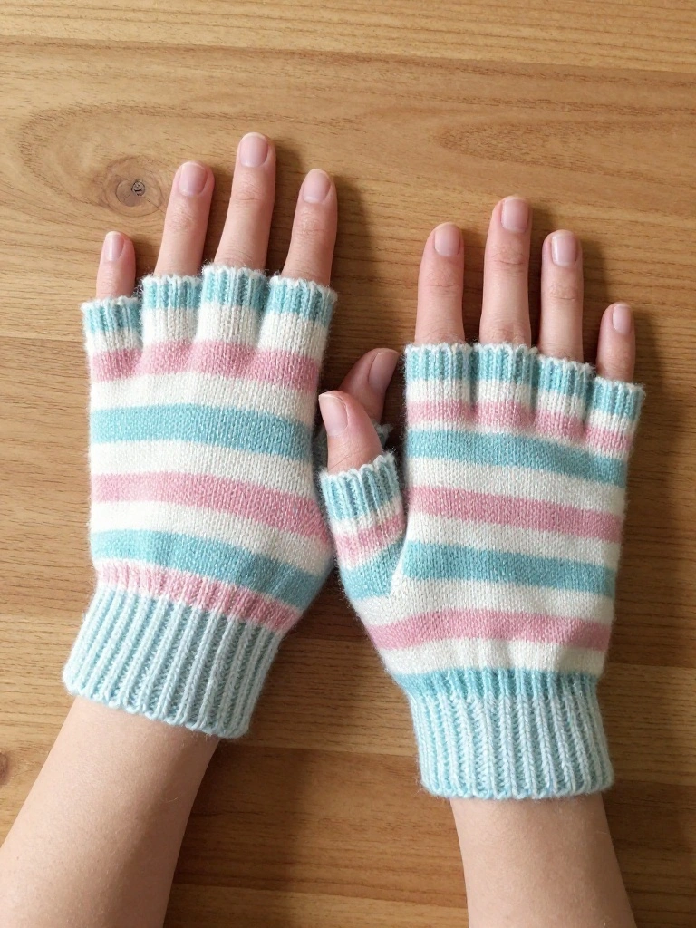 Pair of knitted fingerless mitts in pink, white, and teal horizontal stripes with ribbed cuffs, laid flat on wood.