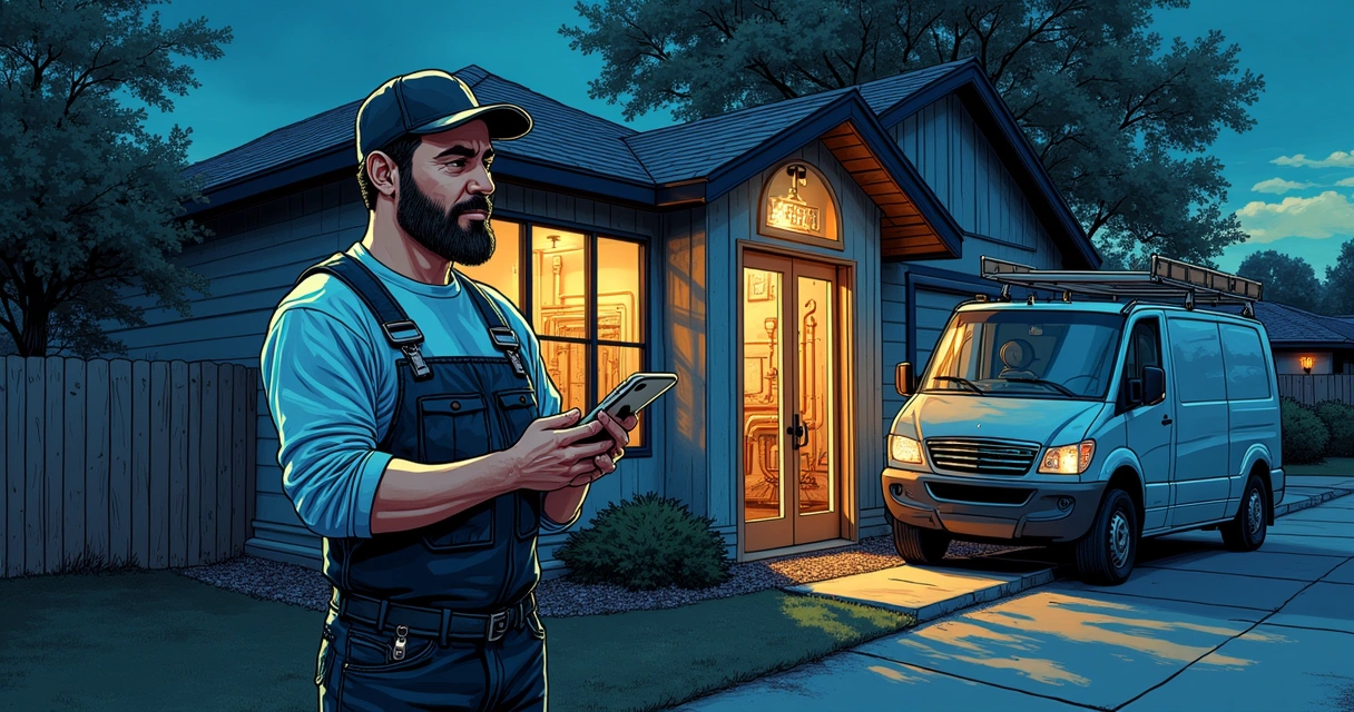 Plumber checking phone by work truck