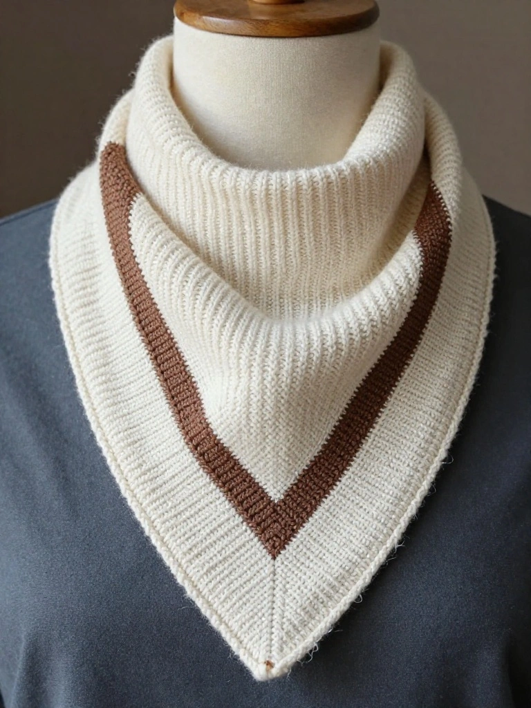 Cream knitted triangular scarf with wide brown stripes along the edges, draped in a V around a mannequin neck on a gray top.