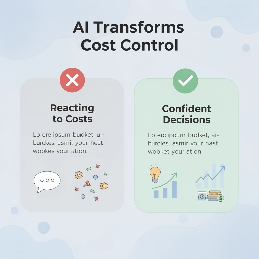 Before and after infographic showing the shift from reacting to costs to making confident financial decisions with AI