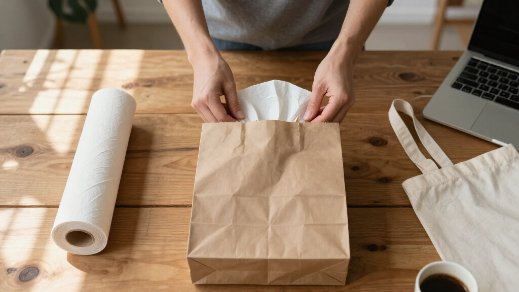 putting tissue paper in bags for shipping