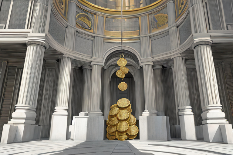 a vault protecting stacked coins separate from a company building