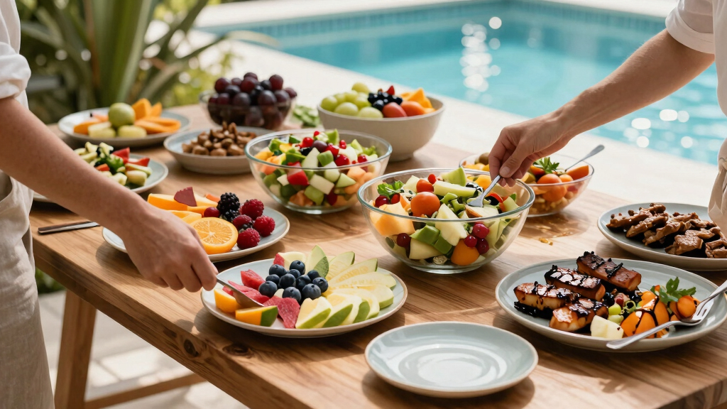 outdoor buffet tables for backyard pool events