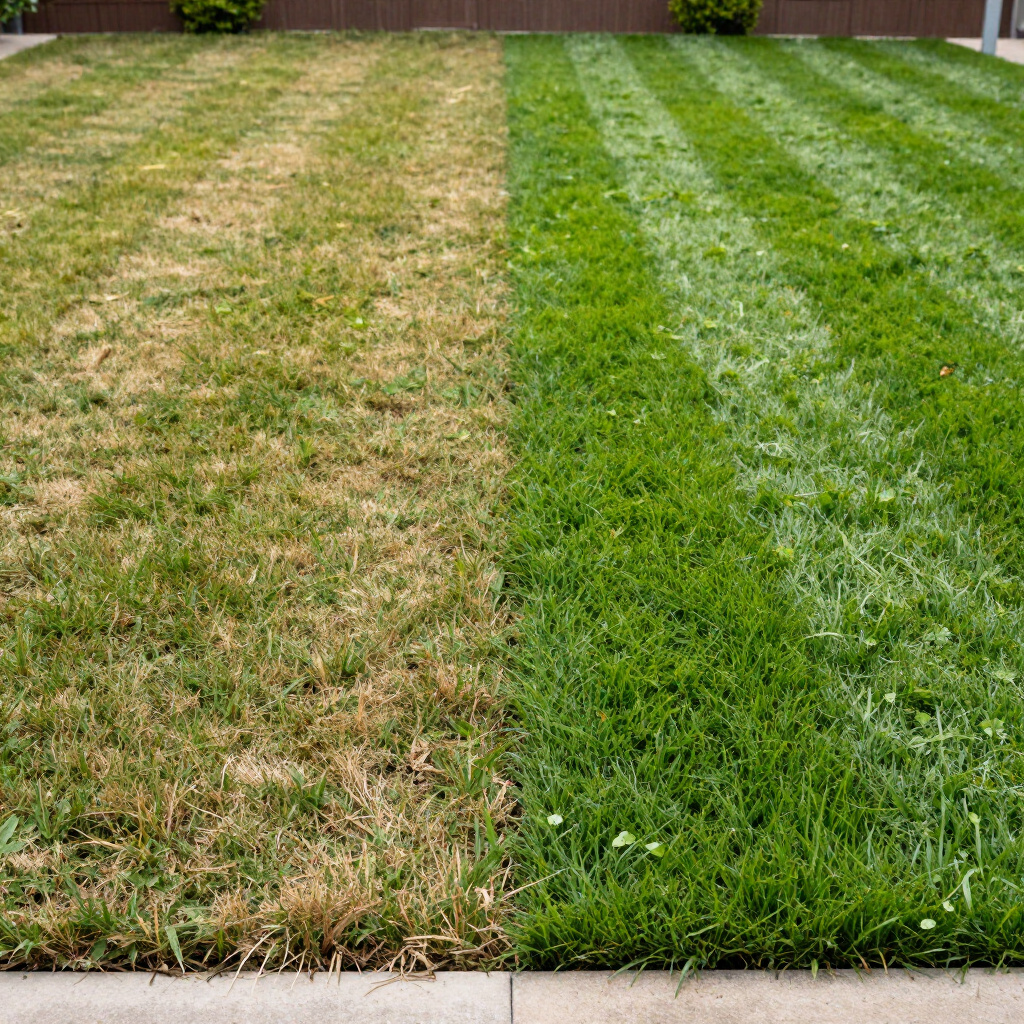 Dry brown lawn next to lush green mowed grass. Professional lawn care and landscaping in Olathe KS.