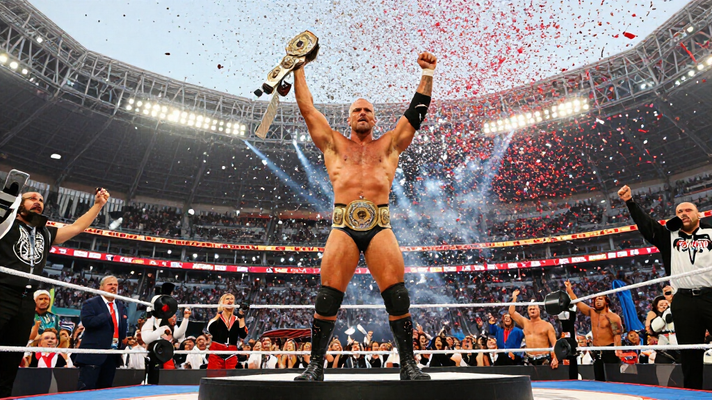 WrestleMania main event championship celebration — representing Cody Rhodes completing his story