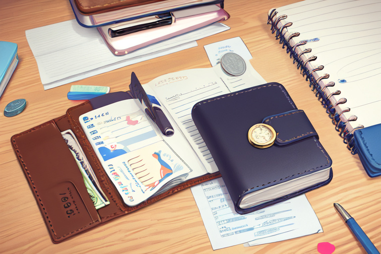 a wallet beside a notebook with a pie chart and a small piggy bank