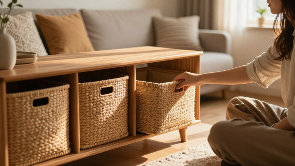 console table with storage bins