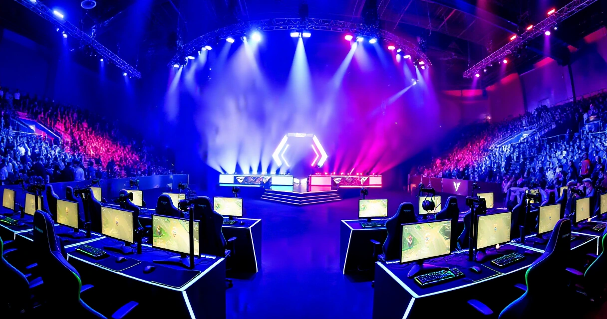 Professional esports arena stage with team booths and a full crowd during a live tournament