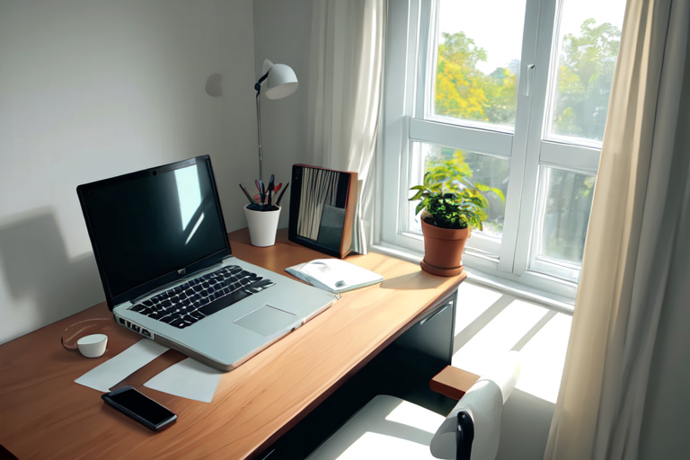 A laptop and a coffee cup on a desk by a window