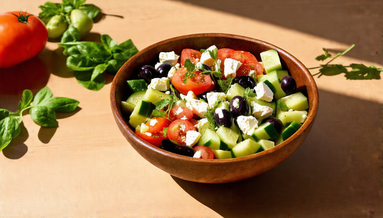 Mediterranean Delight: Fresh Greek Salad with Briny Olives and Creamy Feta Cheese