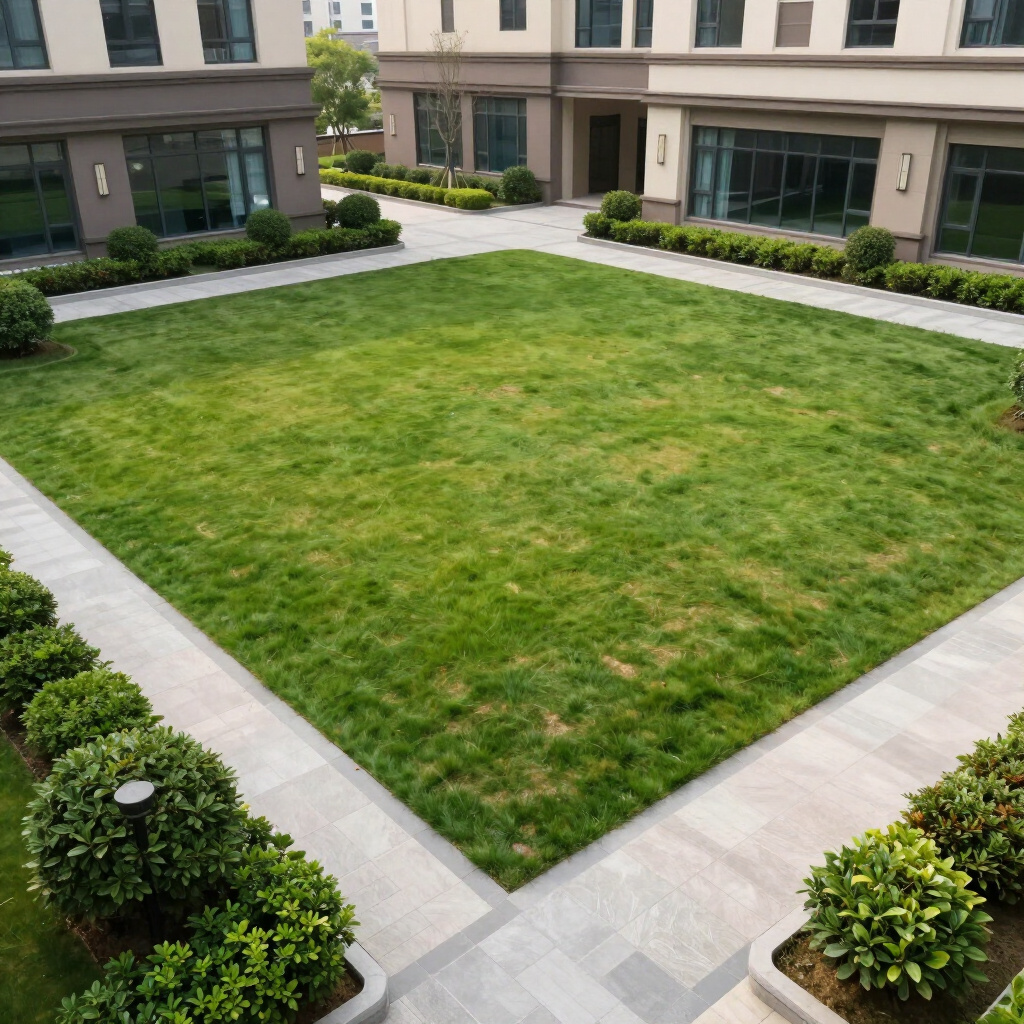 Lush green lawn and expert landscaping in a residential courtyard