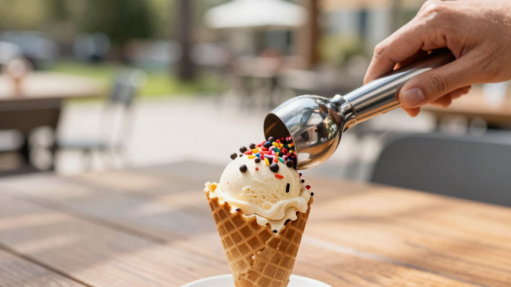 ice cream scoops and toppings