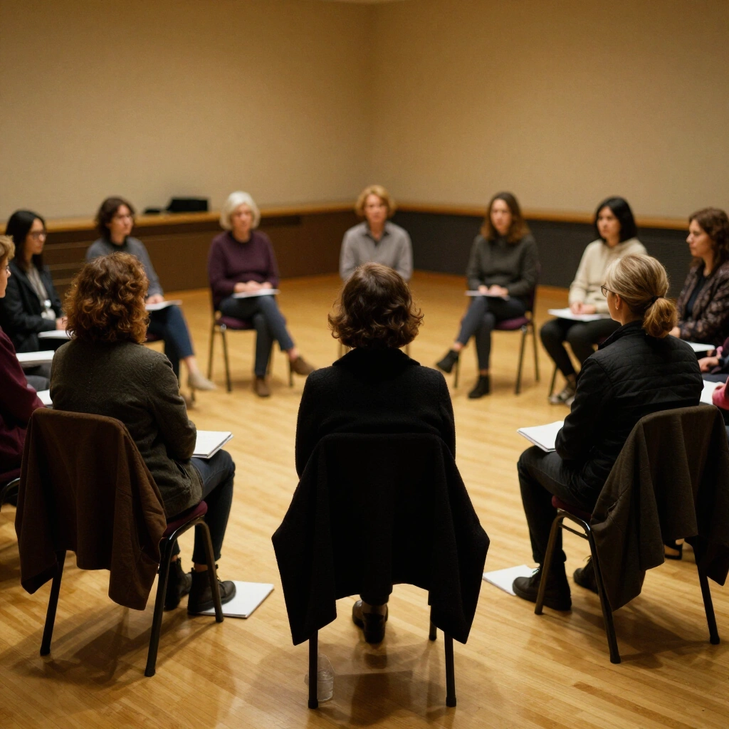 Adults in a circle at an evening voice class