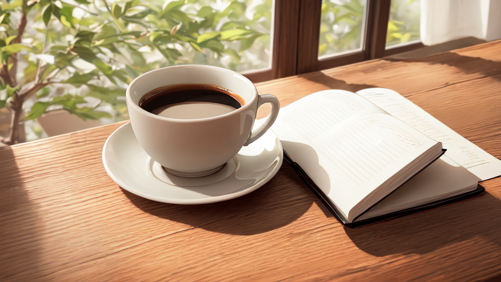 a cup of coffee and an open blank notebook on a wooden desk in warm daylight