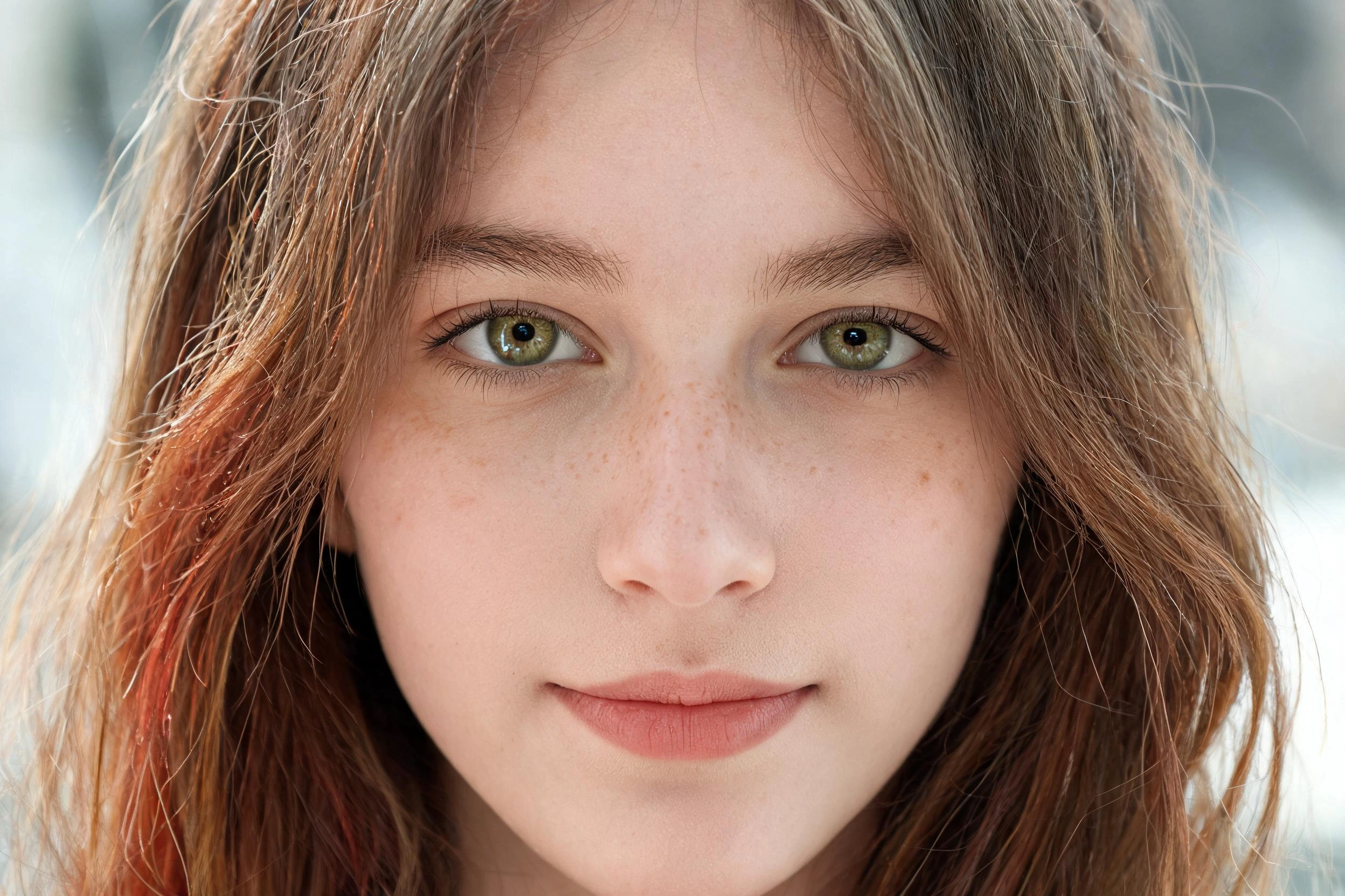 photorealistic, RAW photo, close-up portrait of an 18-year-old young woman with an oval face tending toward oblong shape, striking green hazel eyes with natural catchlights, light brown hair with subt