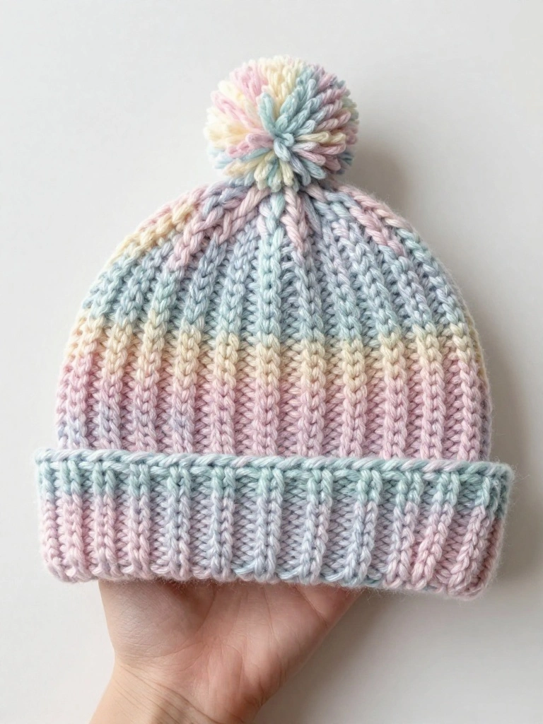 Hand holding a small knitted beanie hat in pastel rainbow stripes with ribbed texture and a multicolored pom-pom on top.