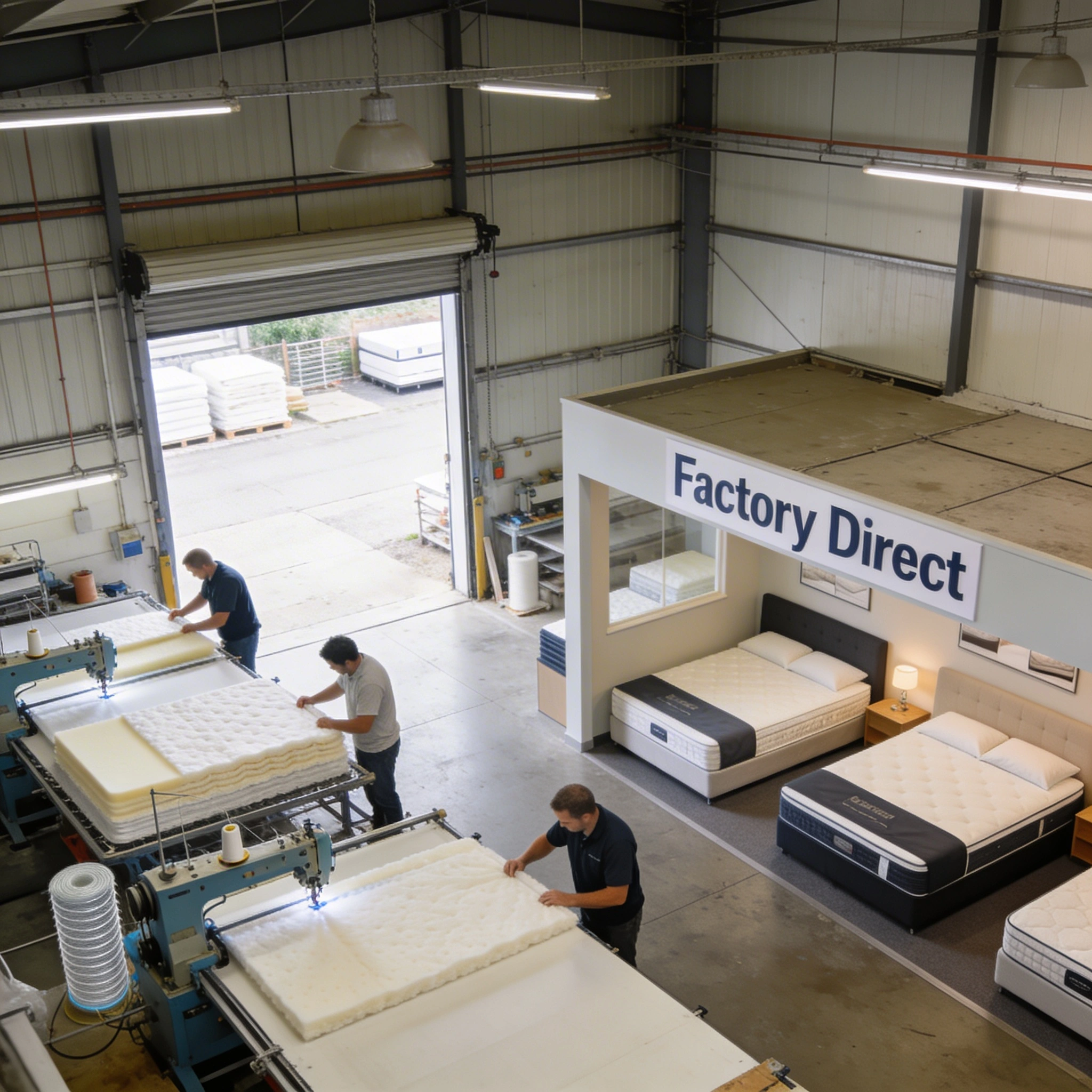 What Is a Mattress Factory Surrey Outlet and How Does It Work? visual: Interior of a mattress factory outlet in Surrey, showing an open workshop area with workers assembling mattress layers and a small adjoining showroom with a few neatly displayed beds. Visible sewing machines, foam layers, and springs. Clear signage reading 'Factory Direct'. Bright, clean, realistic editorial style, slightly elevated angle, daytime.