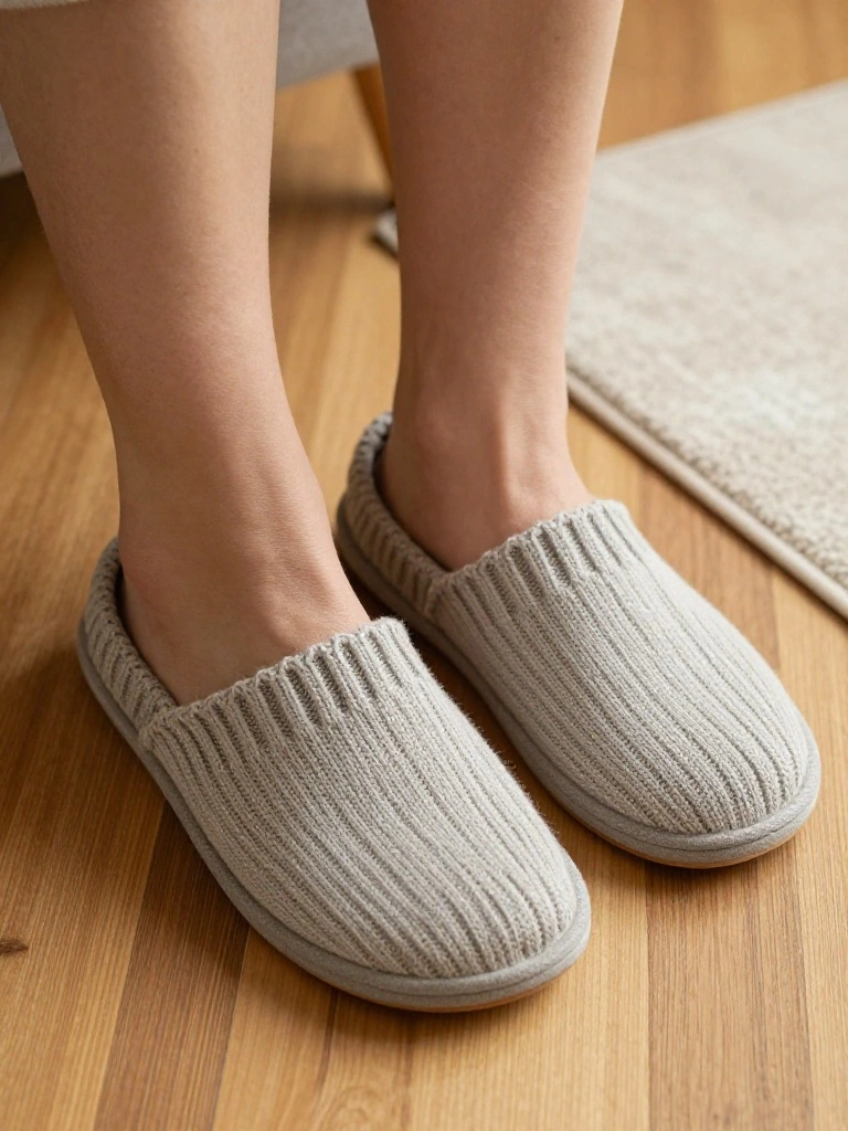 A pair of gray knitted ribbed slip-on slippers sits on a wooden floor, worn partway up a woman's bare legs.