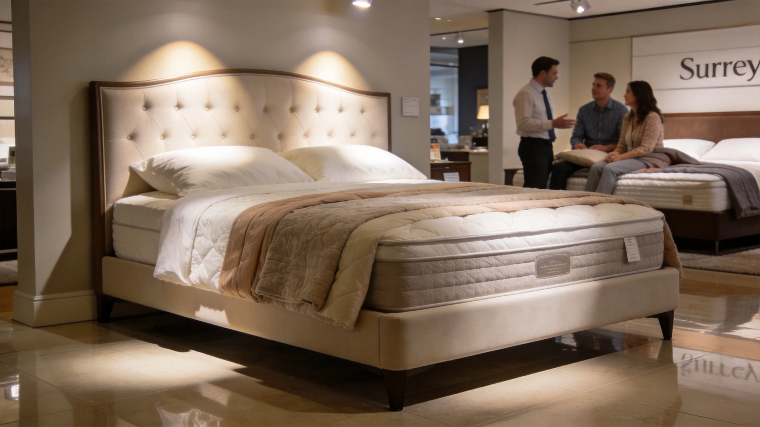 Best Budget Mattresses Surrey Residents Can Find Under £350 visual: Upscale showroom in a Surrey mattress store, featuring a premium king-size mattress with a plush pillow-top, elegant headboard, and layered bedding. Soft spotlights highlight the mattress, with a salesperson in the background talking to a couple testing another bed. Modern, polished interior, calm and luxurious mood, eye-level angle.