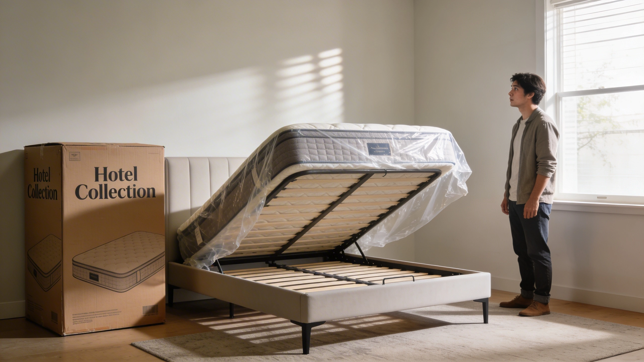 Temperature Regulation and Motion Isolation on the Hotel Collection Mattress visual: A bedroom scene showing an unopened Hotel Collection mattress box beside a partially unrolled mattress on the bed frame. The mattress is expanding, with plastic wrap half-removed. Soft daylight from a window, tidy modern room, a person watching the mattress rise with a curious expression. Clean, photorealistic, lifestyle-focused.
