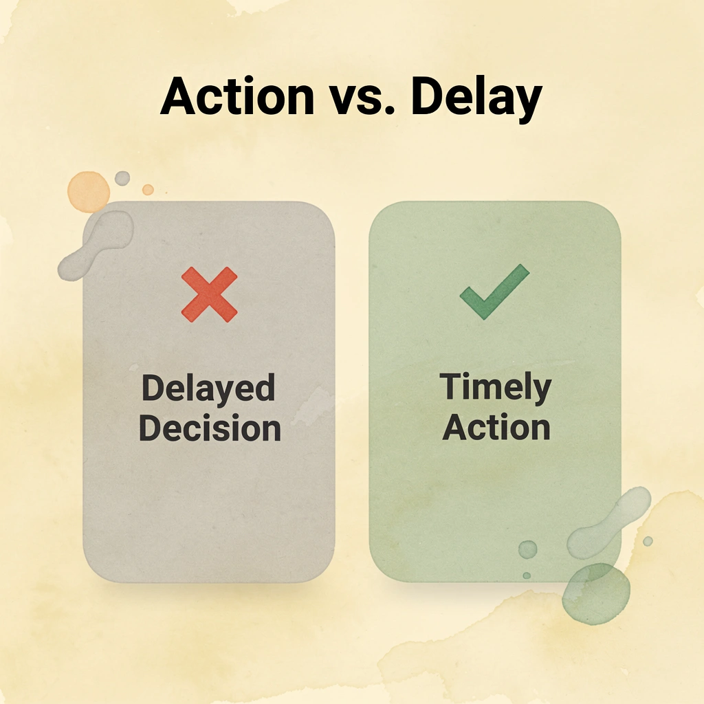 Before and after infographic comparing delayed financial decisions versus timely action