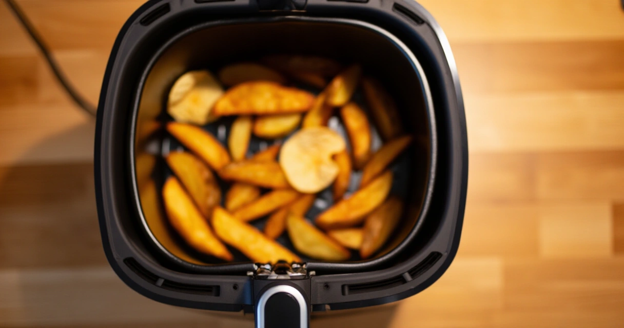 Airfryer-korissa rapeita perunalohkoja ja kasvislastuja puisella tasolla
