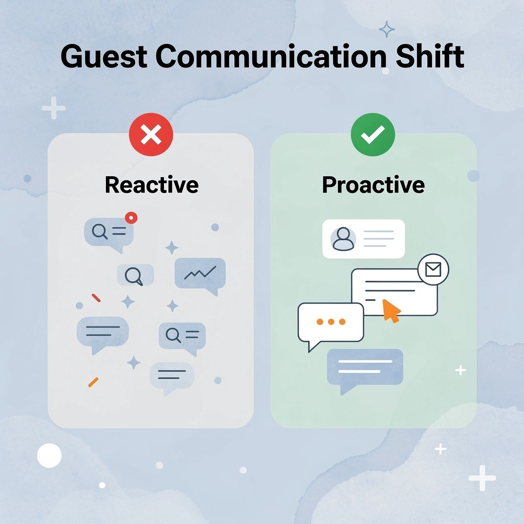 Before and after infographic showing shift from reactive to proactive guest communication