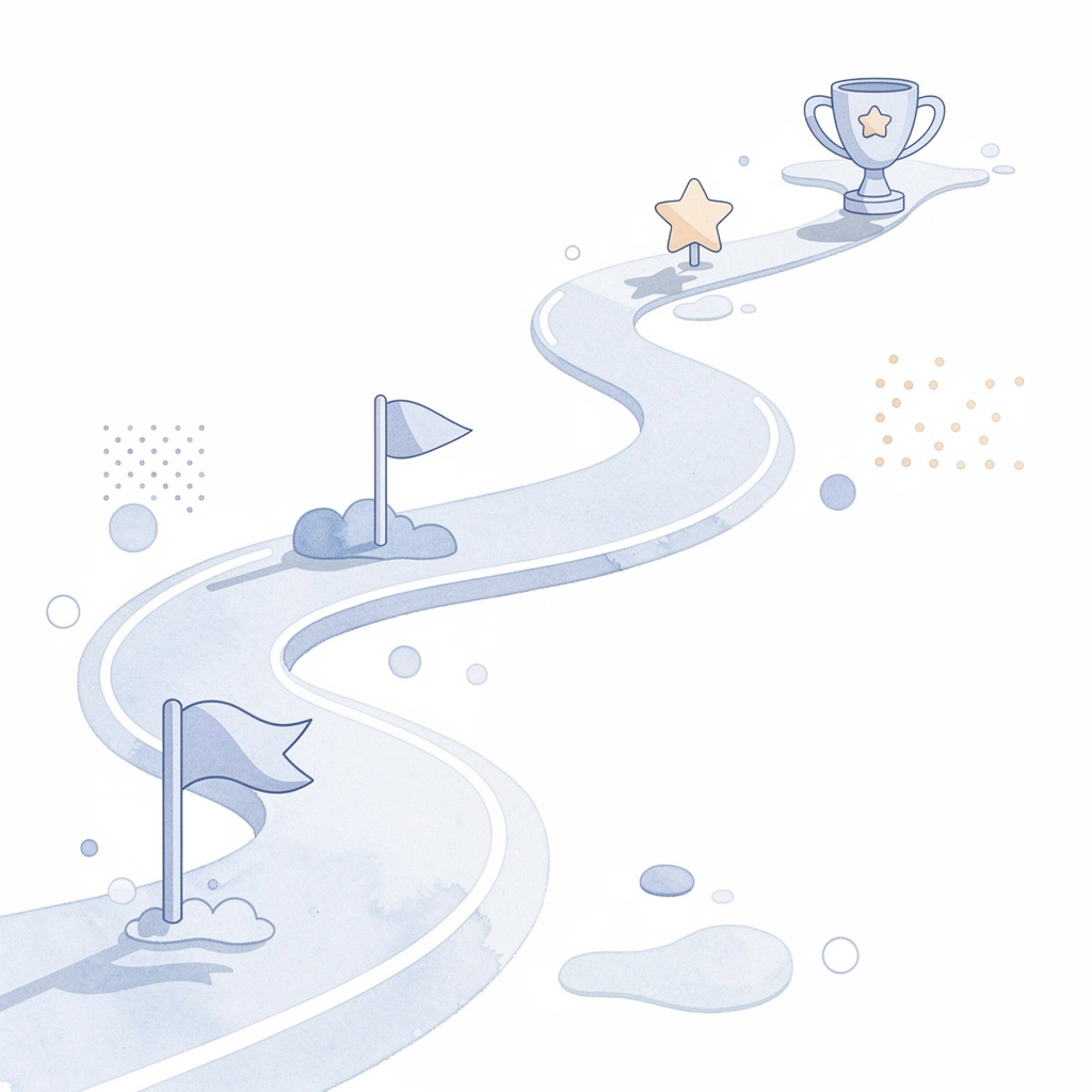 Scene illustration of a winding guest journey path with milestone markers at each stage