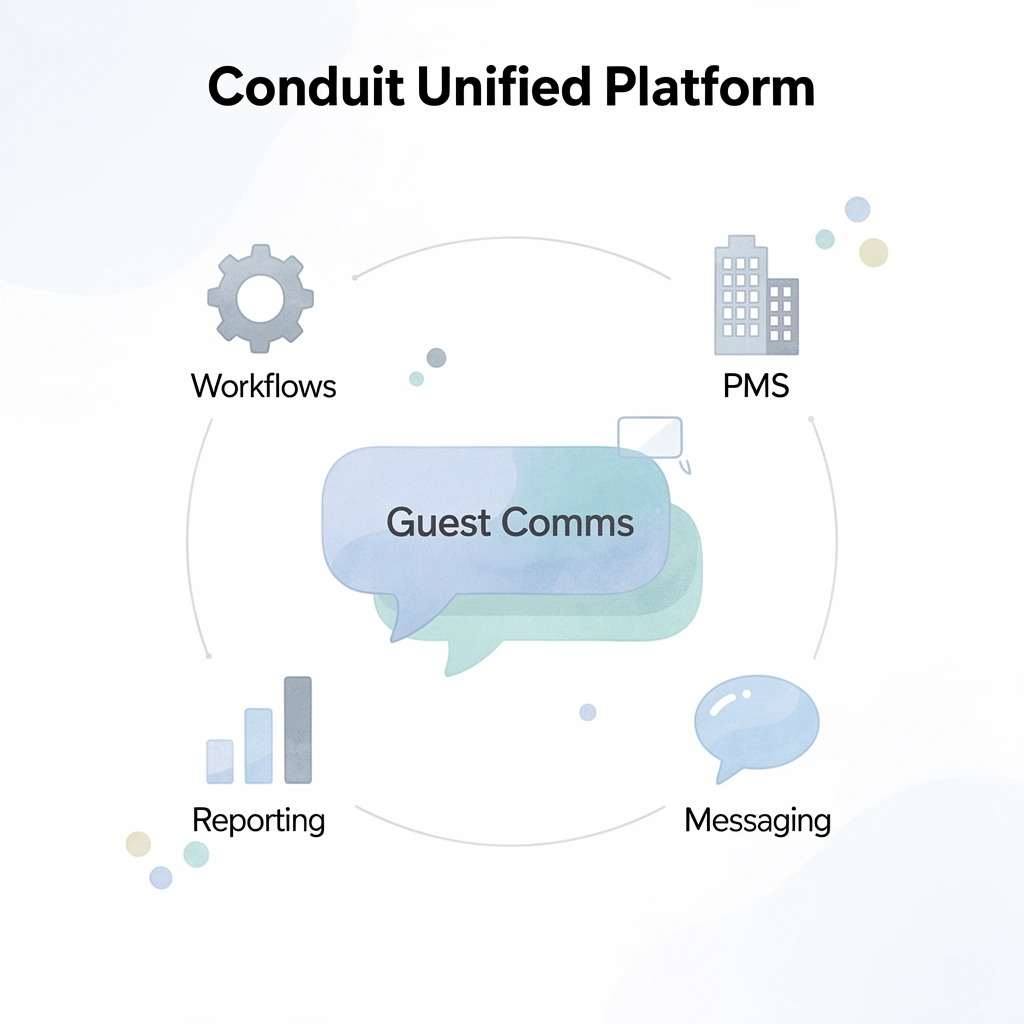 Hub and spoke infographic showing Conduit as the central platform connecting guest communications, workflows, and hospitality systems