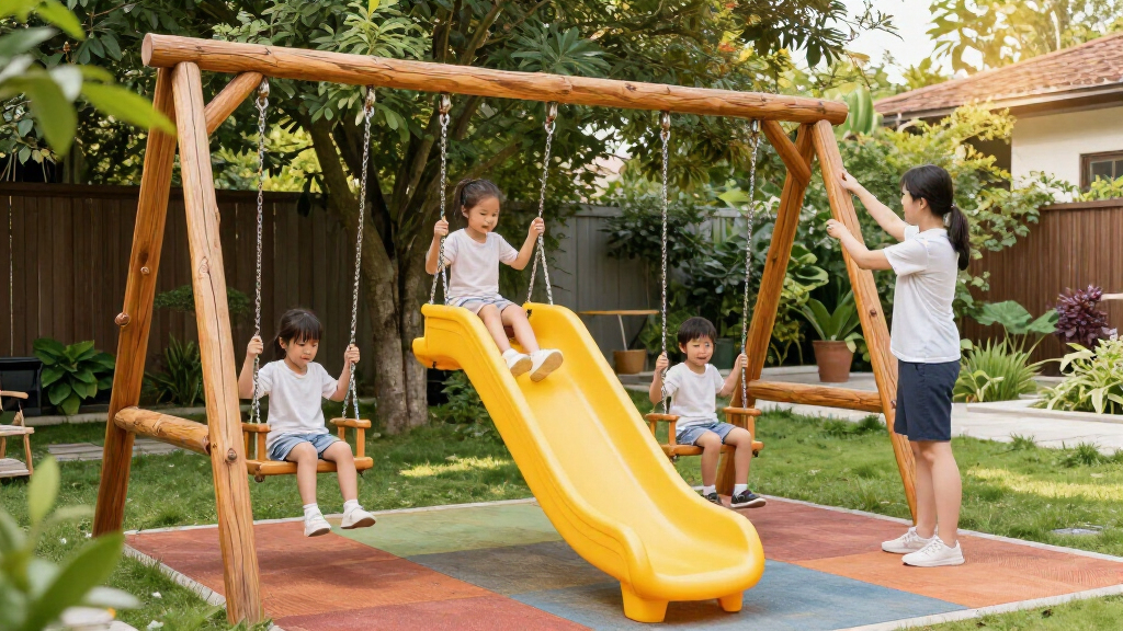 wooden swing set with slide for ages 2 6