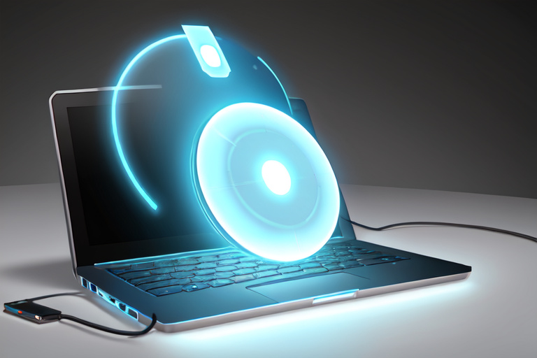 A glowing shield icon on a laptop screen beside a smartphone on a desk