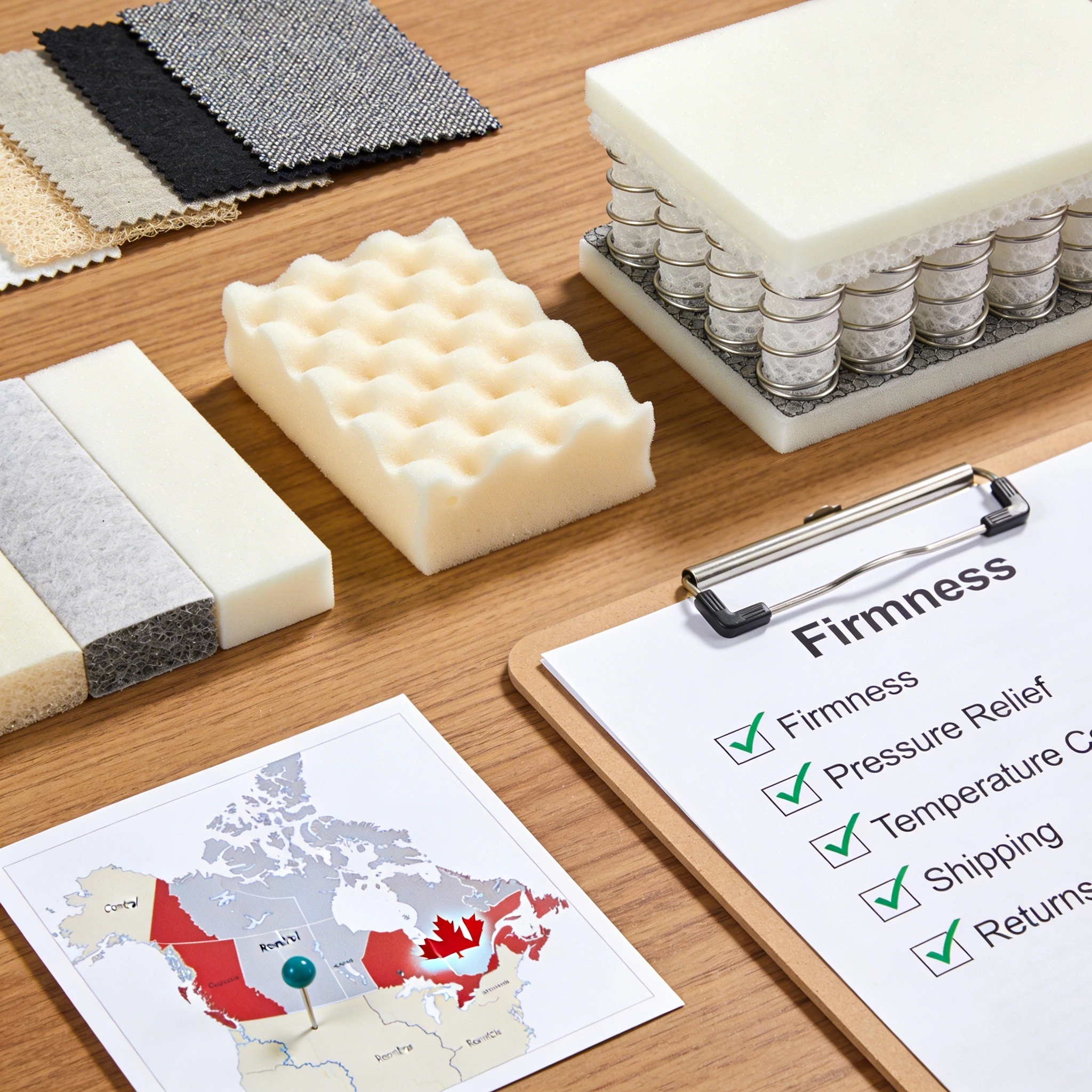How We Chose the Best Mattresses Canada Brands visual: Flat lay of mattress testing elements on a wooden table: fabric swatches, foam density samples, coil cross-sections, a clipboard checklist with criteria like firmness, pressure relief, temperature control, shipping, returns. A small Canadian map with pins in remote regions. Clean, infographic-inspired style, soft lighting, neutral colors, professional and trustworthy.