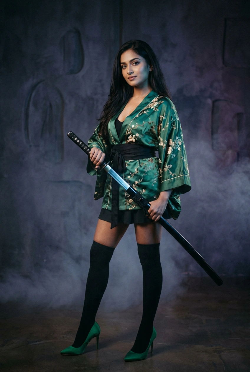 A dramatic, cinematic portrait captures a young Indian woman exuding confidence and allure. She stands poised, wearing a short, emerald green kimono with a delicate floral print and a plunging V-neck,