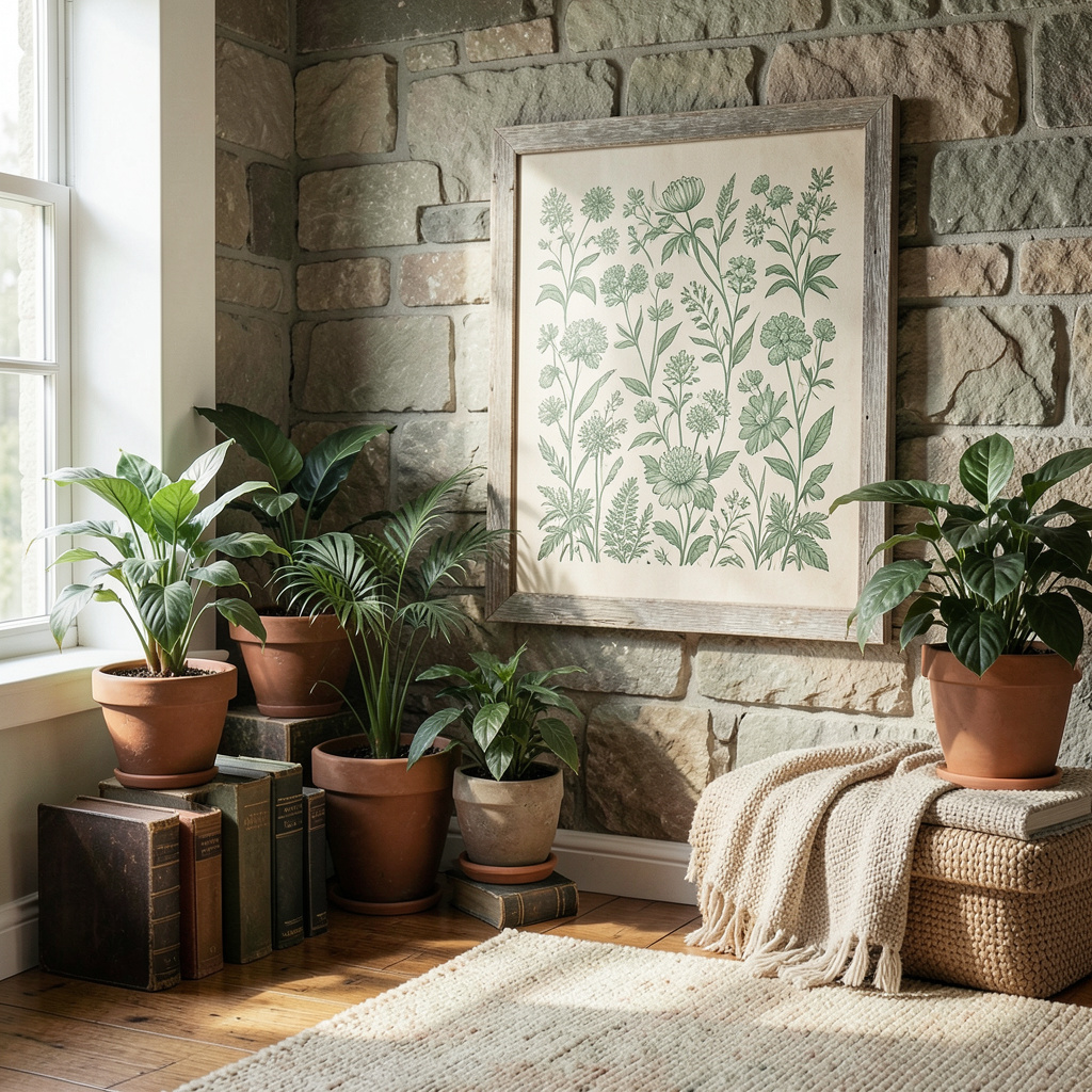 Green Floral Botanical Poster, Elegant Wall Art for Living Room Decor