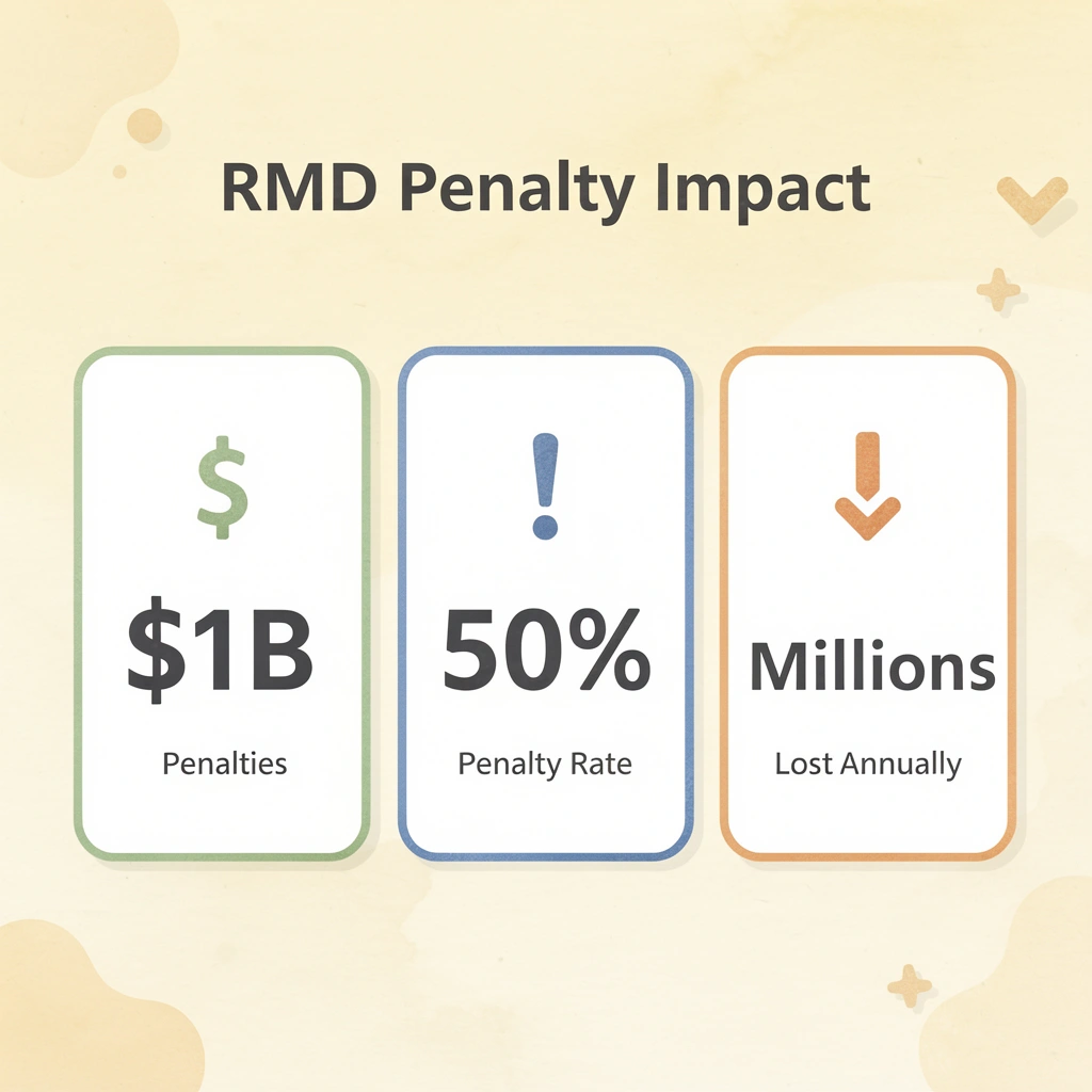 Statistics showing RMD penalty impact with billion in penalties and 50% penalty rate
