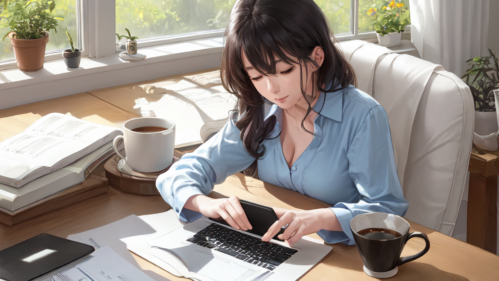 a person reviewing household bills and finances on a laptop and smartphone at a home desk in soft daylight