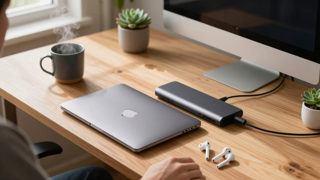 desk hub for one cable laptop setup