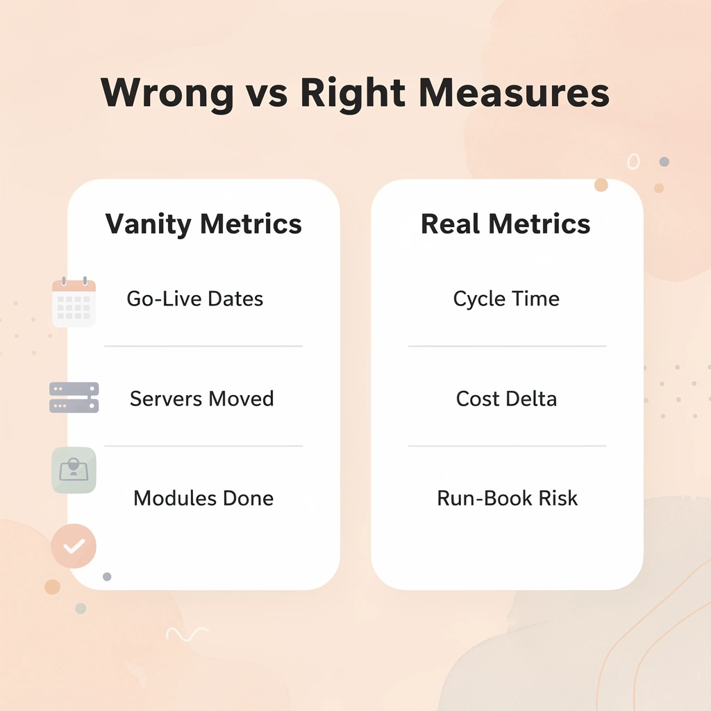 Infographic comparing vanity metrics like go-live dates against real success metrics like cycle time and cost