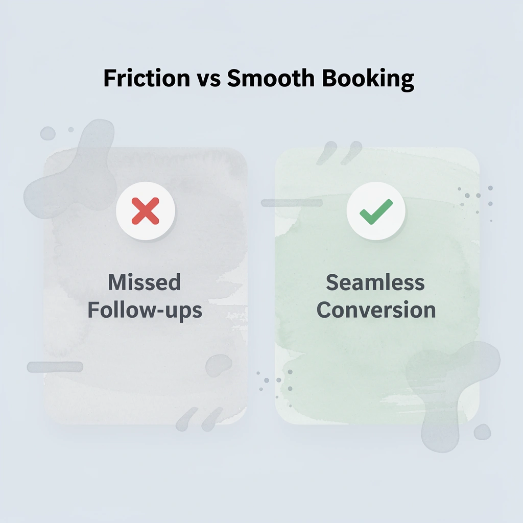 Before and after infographic showing friction points versus smooth booking experience