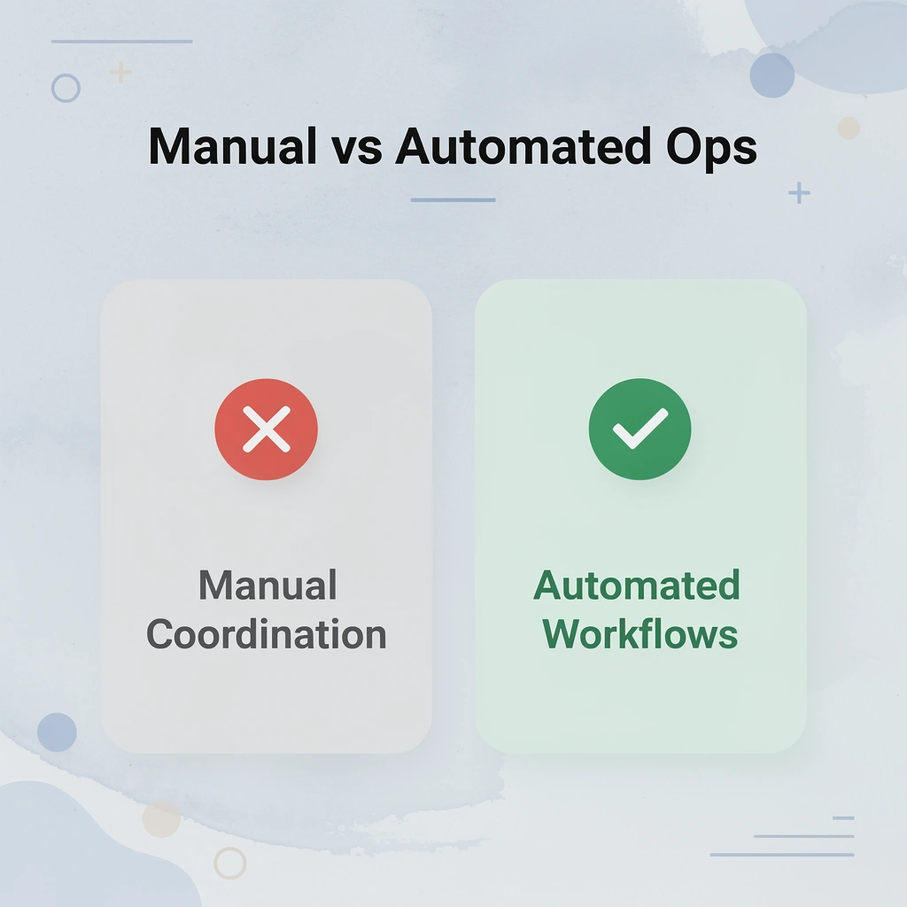 Before and after infographic comparing manual coordination to automated workflows