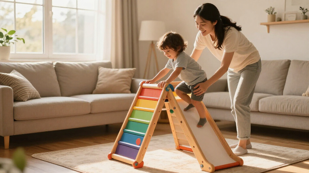 montessori climbing triangle with slide rainbow finish