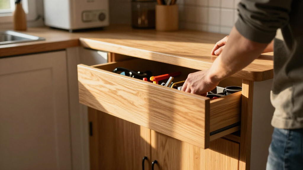 workbench with drawers and cabinets